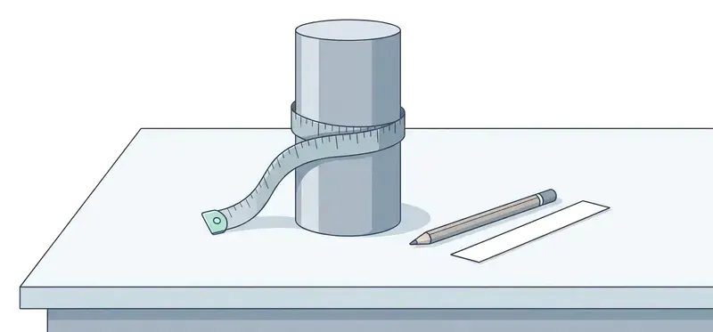 A soft tape measure wrapped once around a wooden cylinder, with a pencil and a paper strip beside it